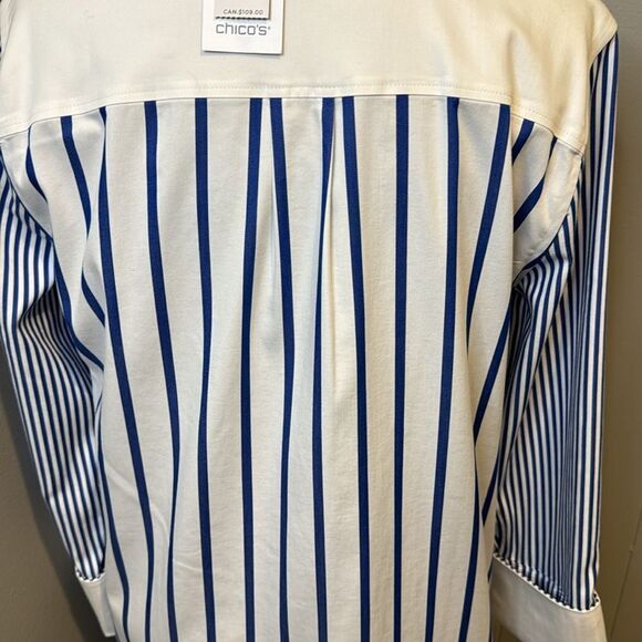 Chico’s blue/white stripe no-iron button front long tunic. 3/4 cuffed sleeves. - Picture 7 of 9